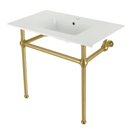 Kingston Brass 37 Console Sink with Brass Legs Single Faucet Hole, WhiteBrushed Brass KVBH37227BB